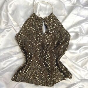 XOXO Vintage Gold Sequin Halter Top Metal Ring Neck Keyhole Metallic Party M
